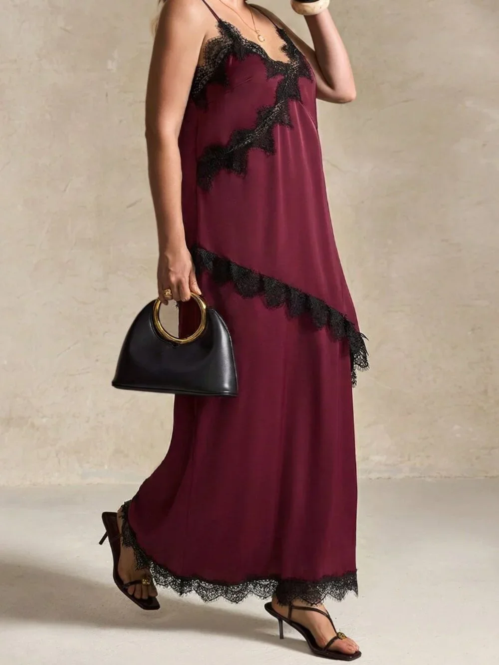 Burgundy Casual Women's Contrast Lace Ruffle Spaghetti Strap Midi Skirt Set